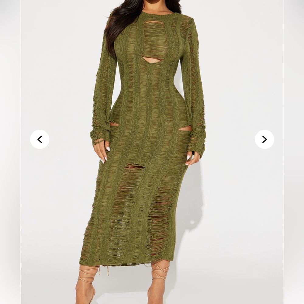 Fashion Nova Distressed Olive Long Sleeve Dress